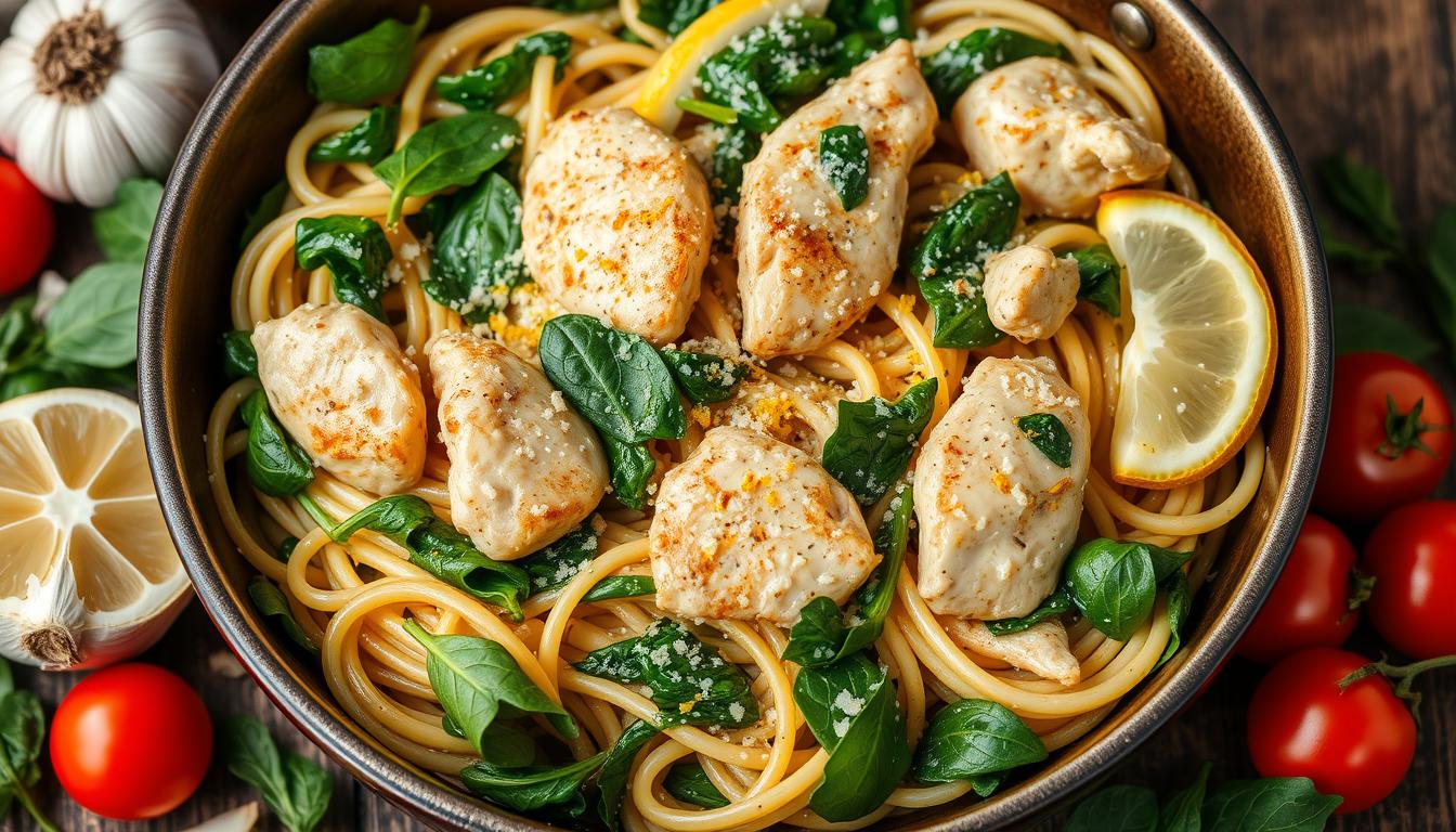 Chicken spinach skillet pasta with lemon parmesan