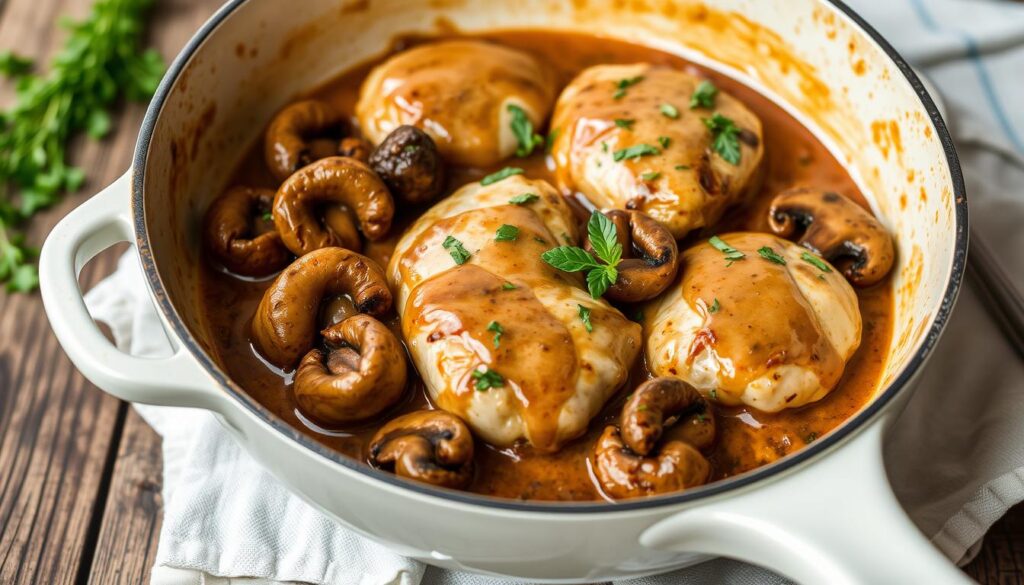 creamy balsamic chicken and mushroom skillet