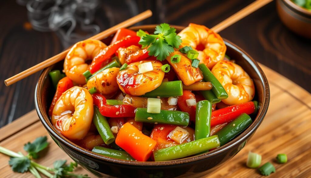 Asian-inspired stir-fry with chicken and shrimp