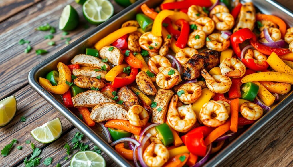 sheet pan chicken and shrimp fajitas