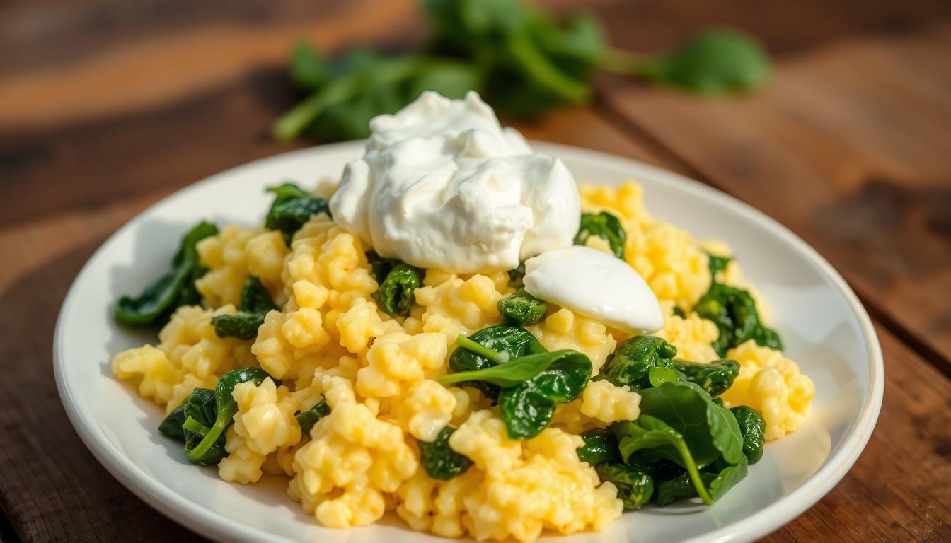 Spinach and Scrambled Eggs with Cottage Cheese