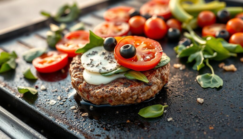 mediterranean blue cheese burger on blackstone griddle